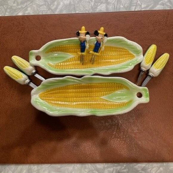 VINTAGE Made in Japan Corn on the Cob Serving Dishes & Skewers, Set of 2 - Picture 1 of 7